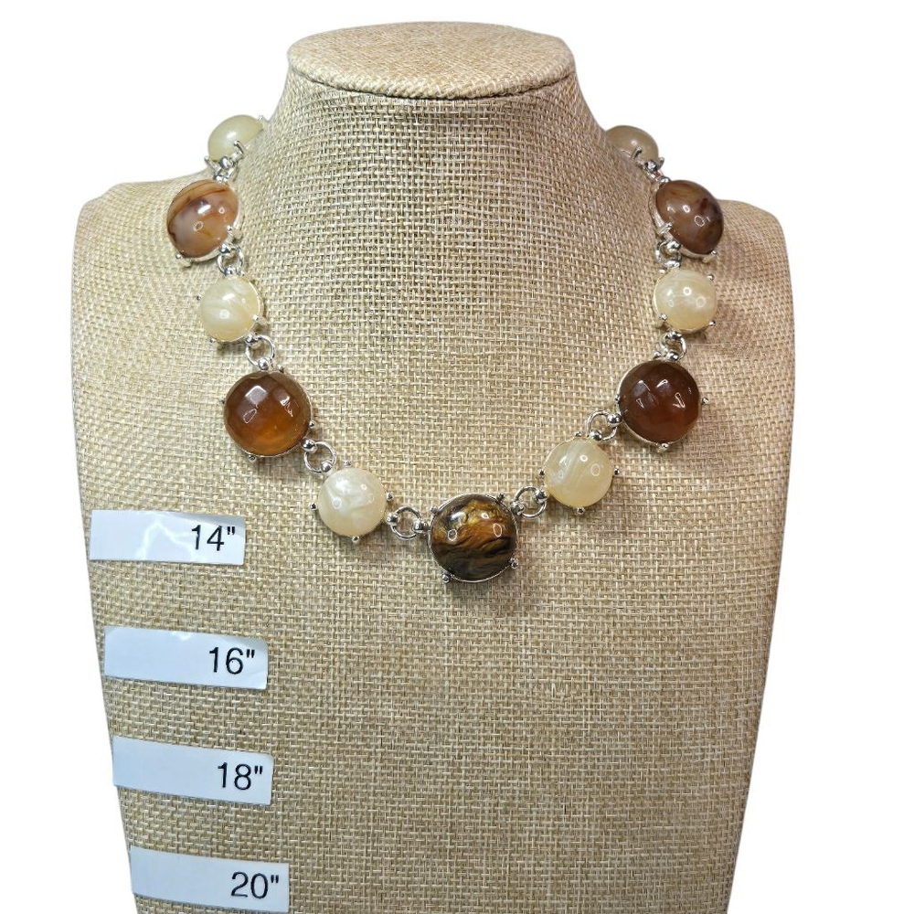 Crown Trifari Necklace Vintage Thermoset Brown Beige Statement Silvertone Autumn